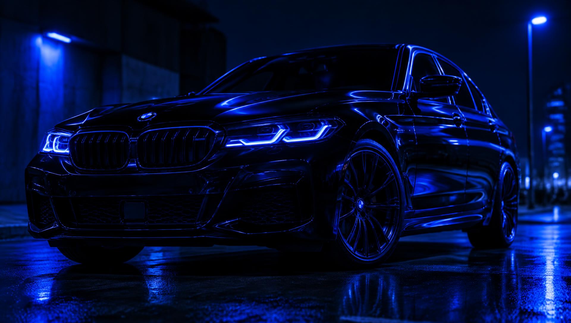 Freshly detailed black sedan with deep gloss paint and blue reflections